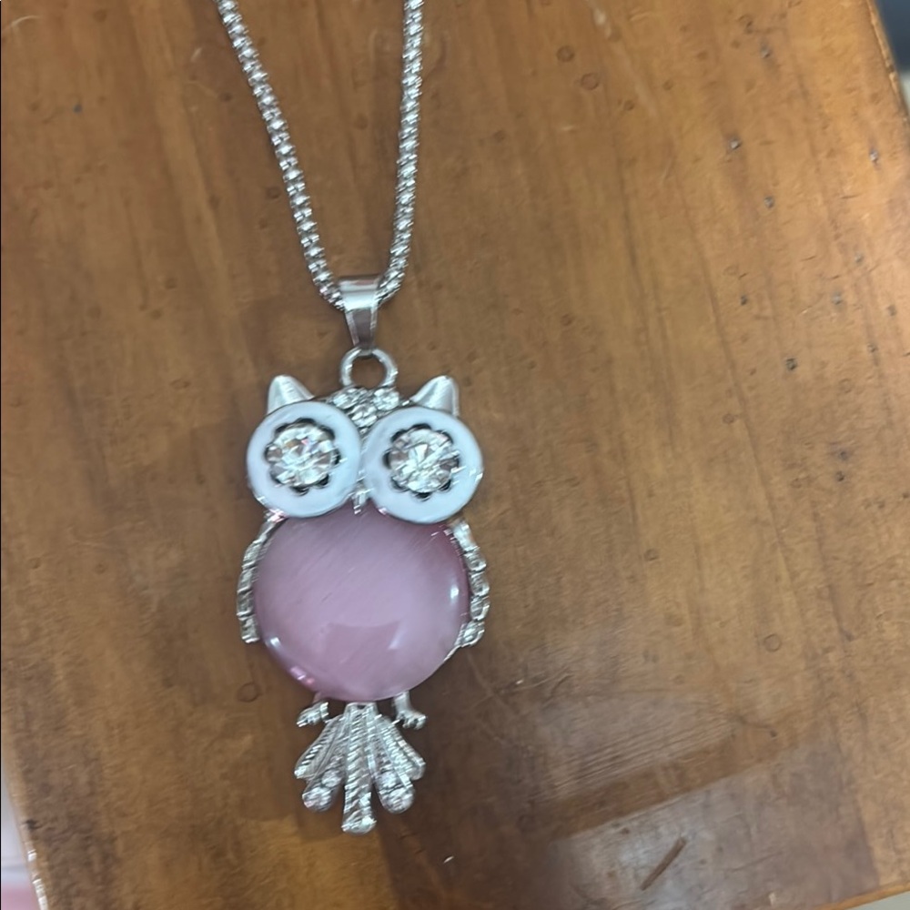 Silver and Pink Owl Pendant Necklace